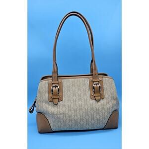 Fossil Tan Canvas Leather Trim Shoulder HandBag Signature Purse Quiet Luxury